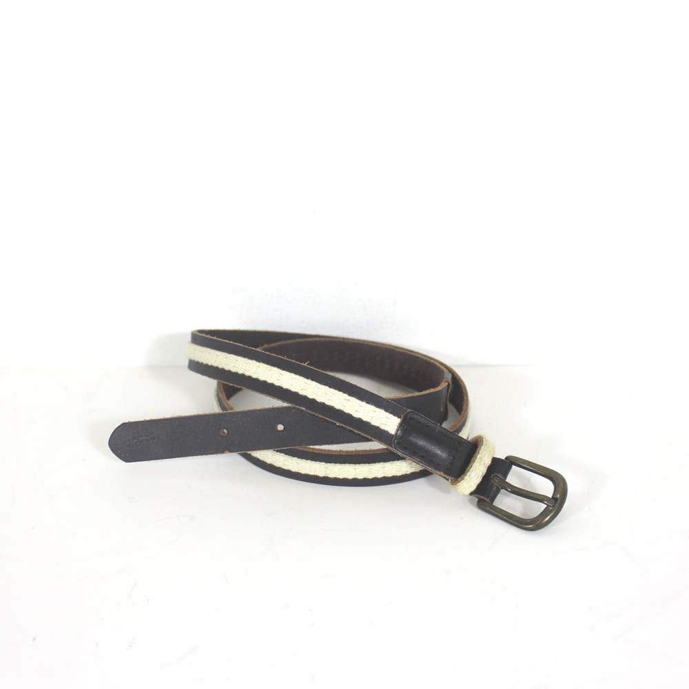 Skinny Brown Leather Belt with White Cotton Centre and Brass Buckle